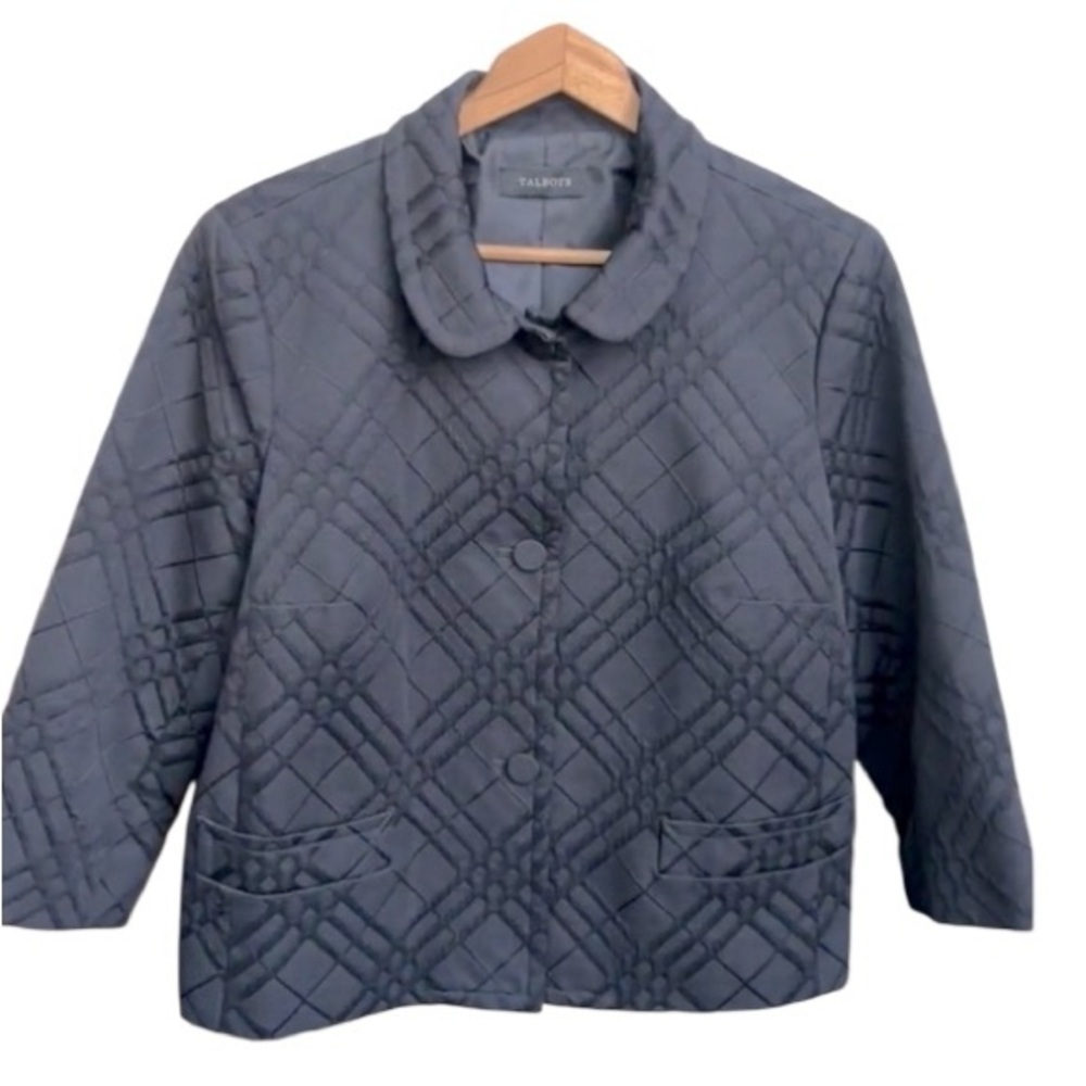Talbots Quilted Blazer Black 3/4 Sleeves Cotton Blend Womens Size L